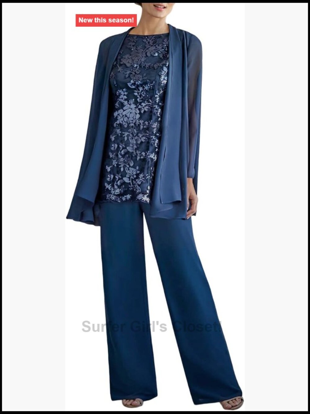 Women's 3 Piece Pants Suit Set Mother of Bride Lace Sequin Chiffon Wedding